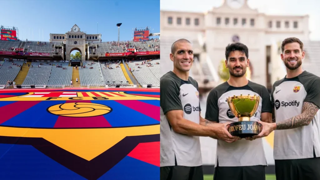Les joueurs du FC Barcelone au stade Montjuic